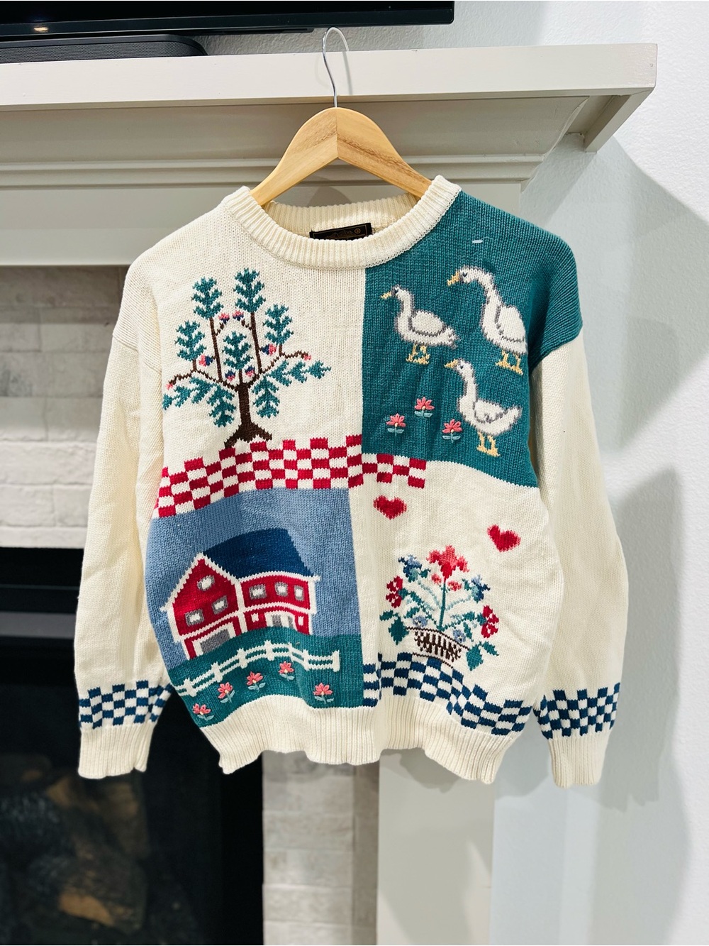Vintage Eddie Bauer Cream Sweater with Teal, Red and Blue Patchwork Farm Motif